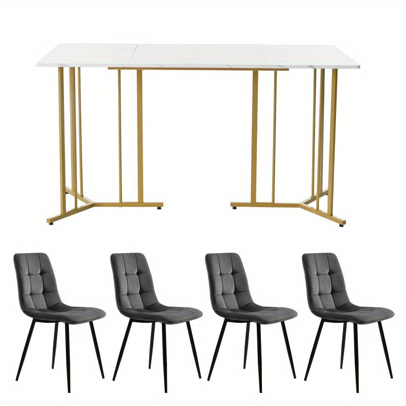 Eetkamer Set – Eettafel Set – Dining Set – Eethoek – Keukenmeubel – Wit MDF Tafelblad – Donkergrijze Fluwelen Stoelen – Gouden Metalen Poten – Verstelbare Tafelpoten – 140x80 cm