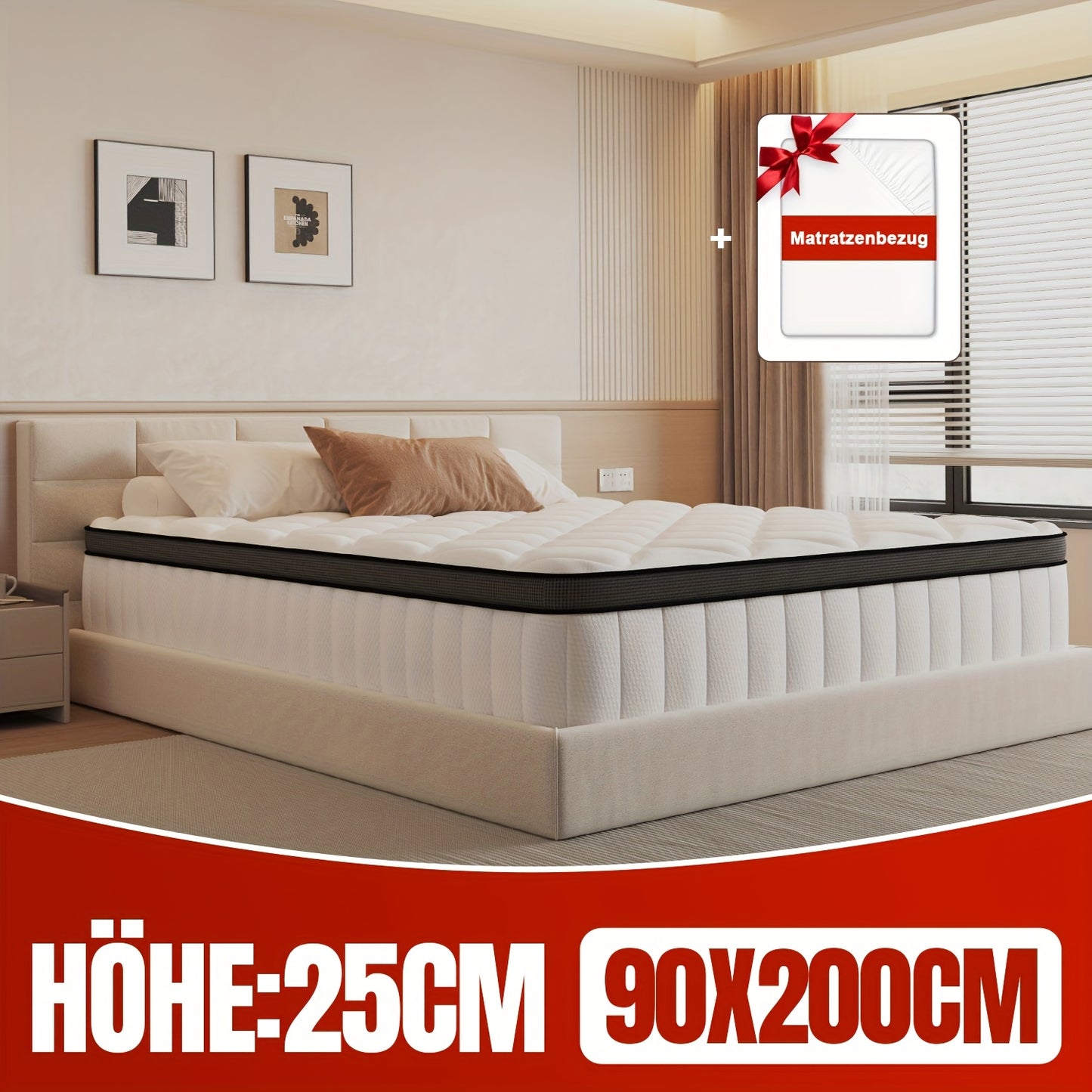 Pocketvering Matras – Ergonomisch Matras – 7-Zones Matras – Veermatras – Springmatras – 90x200 cm – Medium-Hardsteun (H3) – Afneembare Katoenen Hoes – 25 cm Hoog