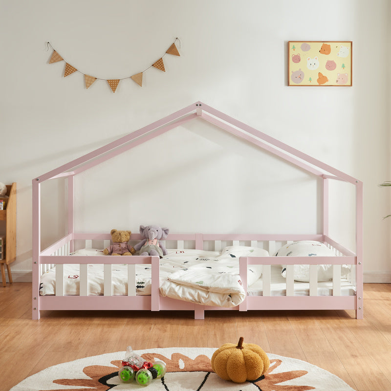 Kinderbed – Kinderbedden – Eenpersoonsbed – Hoogslaper – Stapelbed – Huisvormig Design – Valbeveiliging – Grenenhout – 140x200 cm