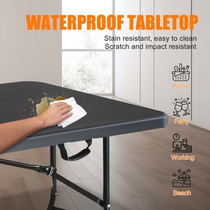 180cm Vouwtafel – Inklapbare Tafel – Kampingtafel – Picknicktafel – Opvouwbare Werktafel – Draagbaar Met Handvat – Belastbaar Tot 135kg – Zwart