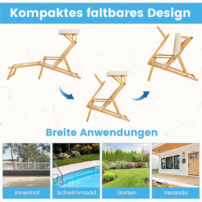 Ligstoel – Tuinstoel – Strandstoel – Zonnenligstoel – Lounger – Inklapbaar – Berkenhout – Verstelbare Rugleuning – Zonnescherm – Inclusief Reserveonderdelen – Beige Natural