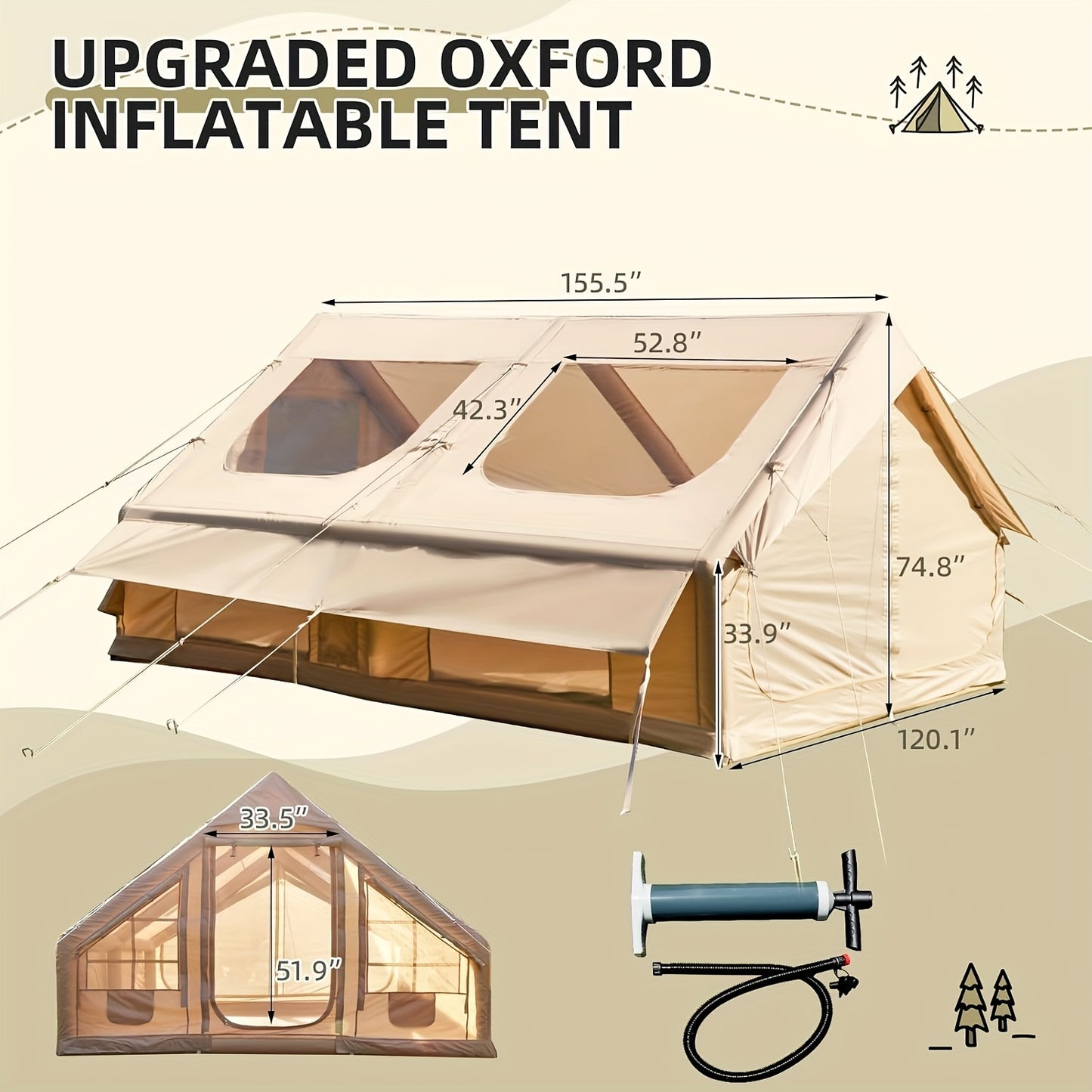 Tent – Kampeertent – Opblaasbare Tent – Familietent – Outdoor Tent – 10 Personen – 12 m² – Waterafstotend Oxford Polyester – Snelle Opzetbare Inflatable