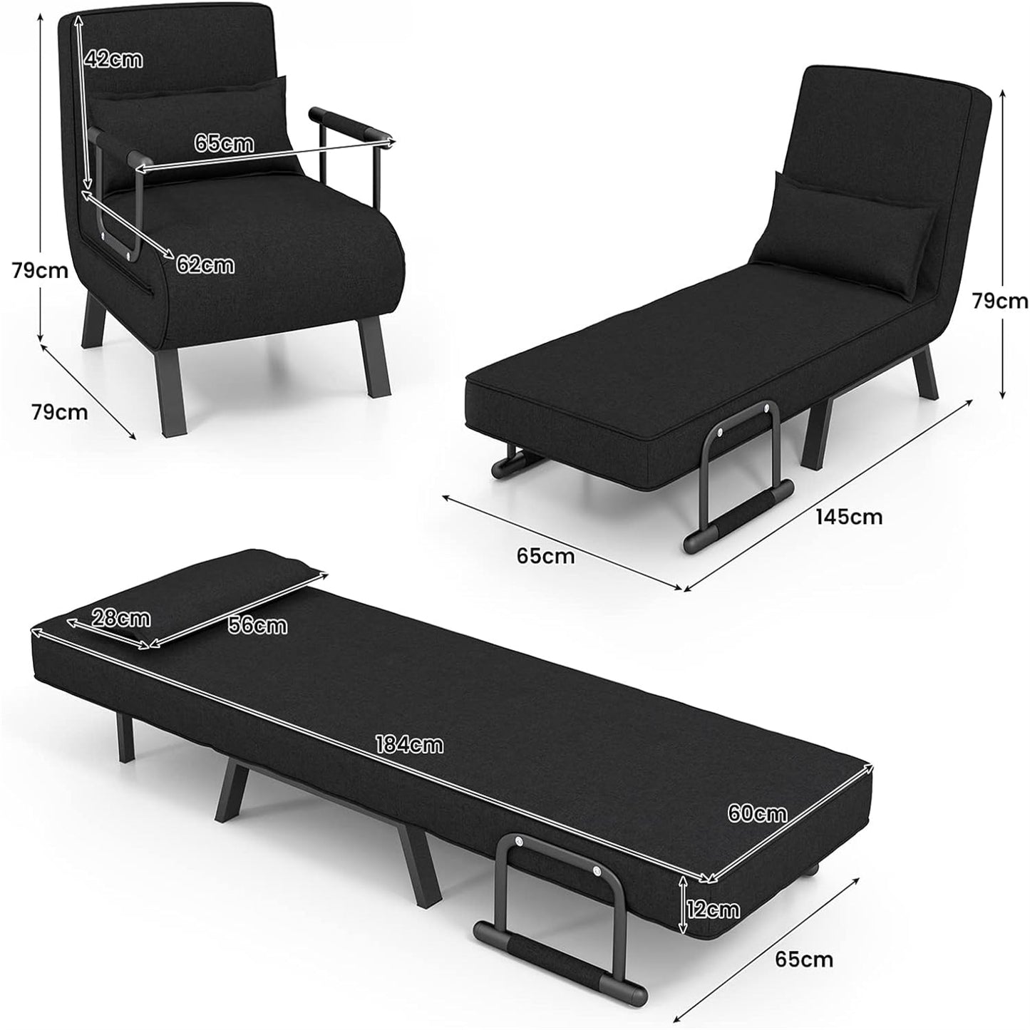 Bankbed – Slaapbank – Sofa – Bedbank – Slaapstoel – 4-in-1 Inklapbaar Design – Verstelbare Rugleuning 6-standen – Met Metalen Frame