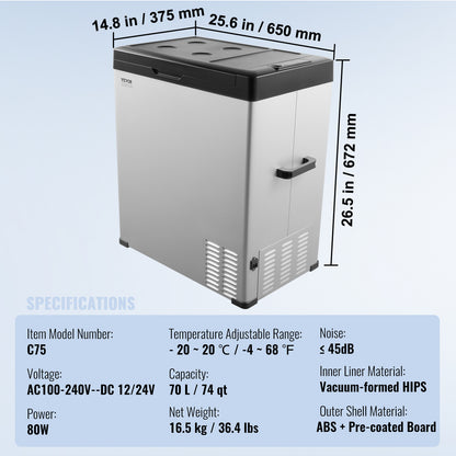 Draagbare Koelkast – Mobiele Koelbox – Vrieskoffer – Camper Koeler – 70L Inhoud – Koelt Tot -20°C – Bluetooth Bedienbaar