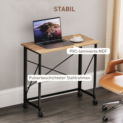 Inklapbaar Bureau – Vouwbureau – Werktafel – Laptoptafel – Mobiel Bureau – Eiken MDF Tafelblad – Stalen Frame – Wieltjes – Ruimtebesparend