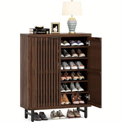 6-Tier Shoe Cabinet with Doors - Heavy-Duty Metal Construction, Holds 24 Pairs of Shoes (Space-Saving Vertical Storage), Adjustable Shelves, Modern Entryway Organizer with Ventilated Louver Doors for Living Room, Hallway, Bed