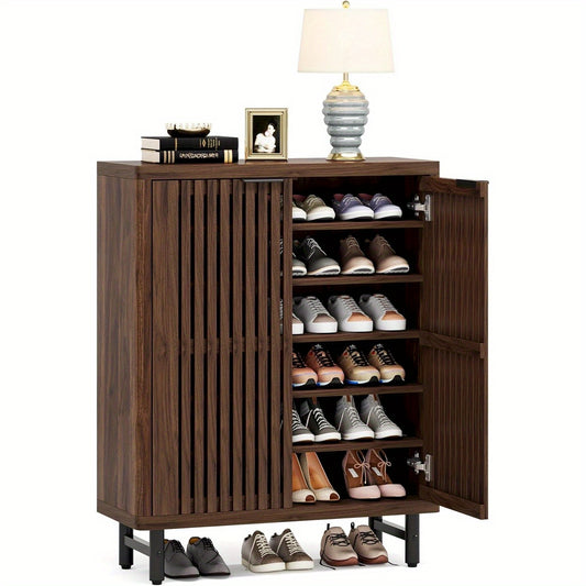 Schoenenkast – Schoenenrek – Opbergkast – Schoenenbank – Schoenenopberger – 6 Lagen – Metalen Constructie – Voor 24 Paar Schoenen – Verstelbare Legplanken – Ventilerende Lamellendeuren – Donkere Walnoot