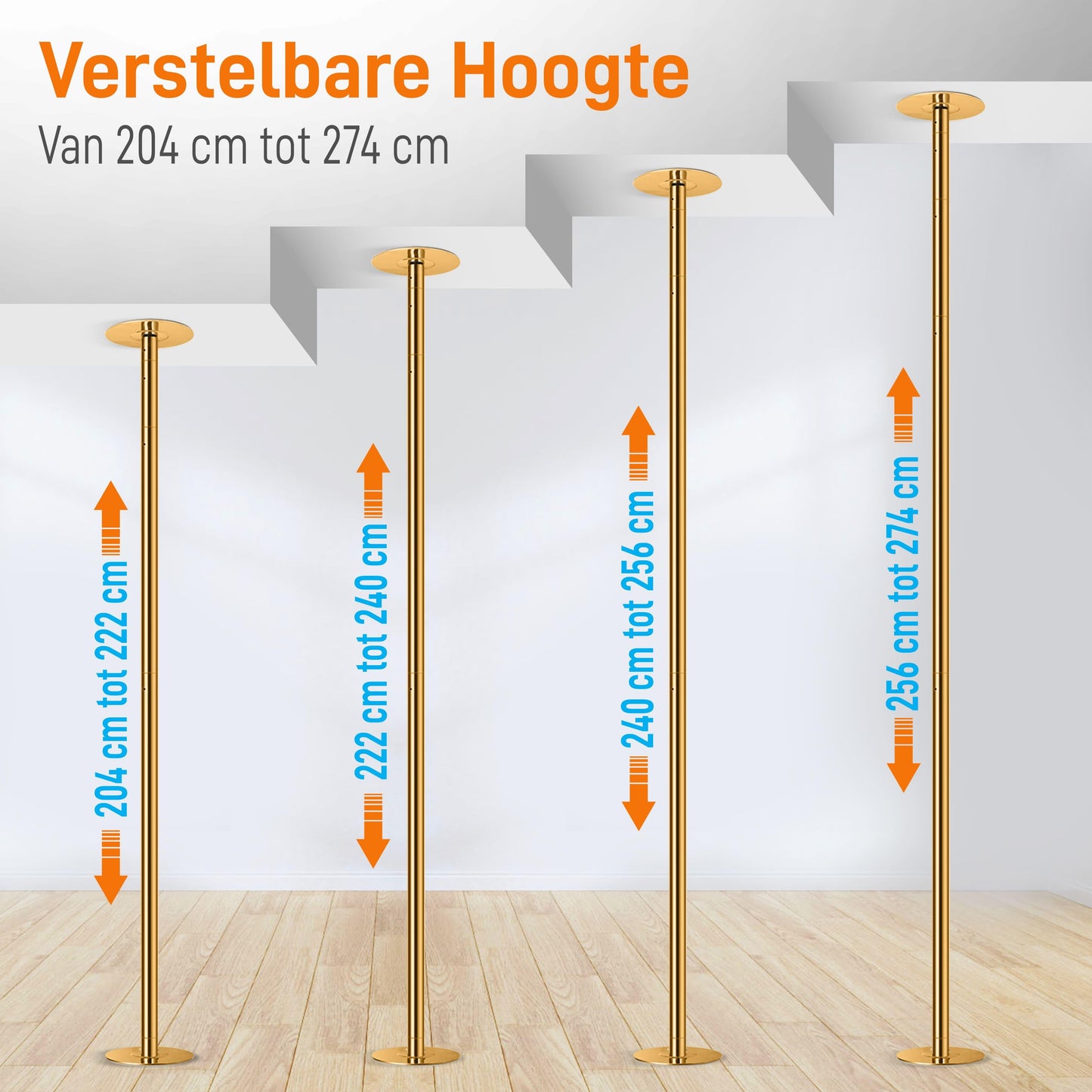 Danspaal – Pole Dance Paal – Standaard Danspaal – Fitnesspaal – Draaibare Paal – Verstelbare Hoogte 203-274 cm – Gouden Roestvrij Staal