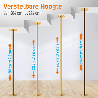 Danspaal – Pole Dance Paal – Standaard Danspaal – Fitnesspaal – Draaibare Paal – Verstelbare Hoogte 203-274 cm – Gouden Roestvrij Staal