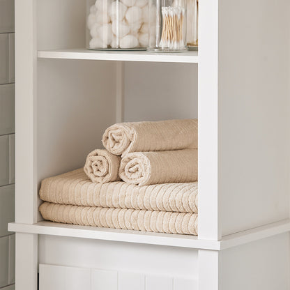 Hoge Badmeubel – Badkamerkast – Opbergkast – Wasmand Kast – Smalle Badmeubel – 3 Open Vakken – Uitneembare Wasmand – MDF Hout – Anti-Kantel Beveiliging