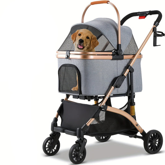 3-in-1 Huisdierwagen – Dierenwagen – Hondenbuggy – Kattenbuggy – Huisdierbuggy – Carbon Stalen Frame – Inklapbaar Met Schokdemping – Champagne Goud / Donkergrijs