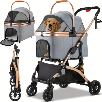 3-in-1 Huisdierwagen – Dierenwagen – Hondenbuggy – Kattenbuggy – Huisdierbuggy – Carbon Stalen Frame – Inklapbaar Met Schokdemping – Champagne Goud / Donkergrijs