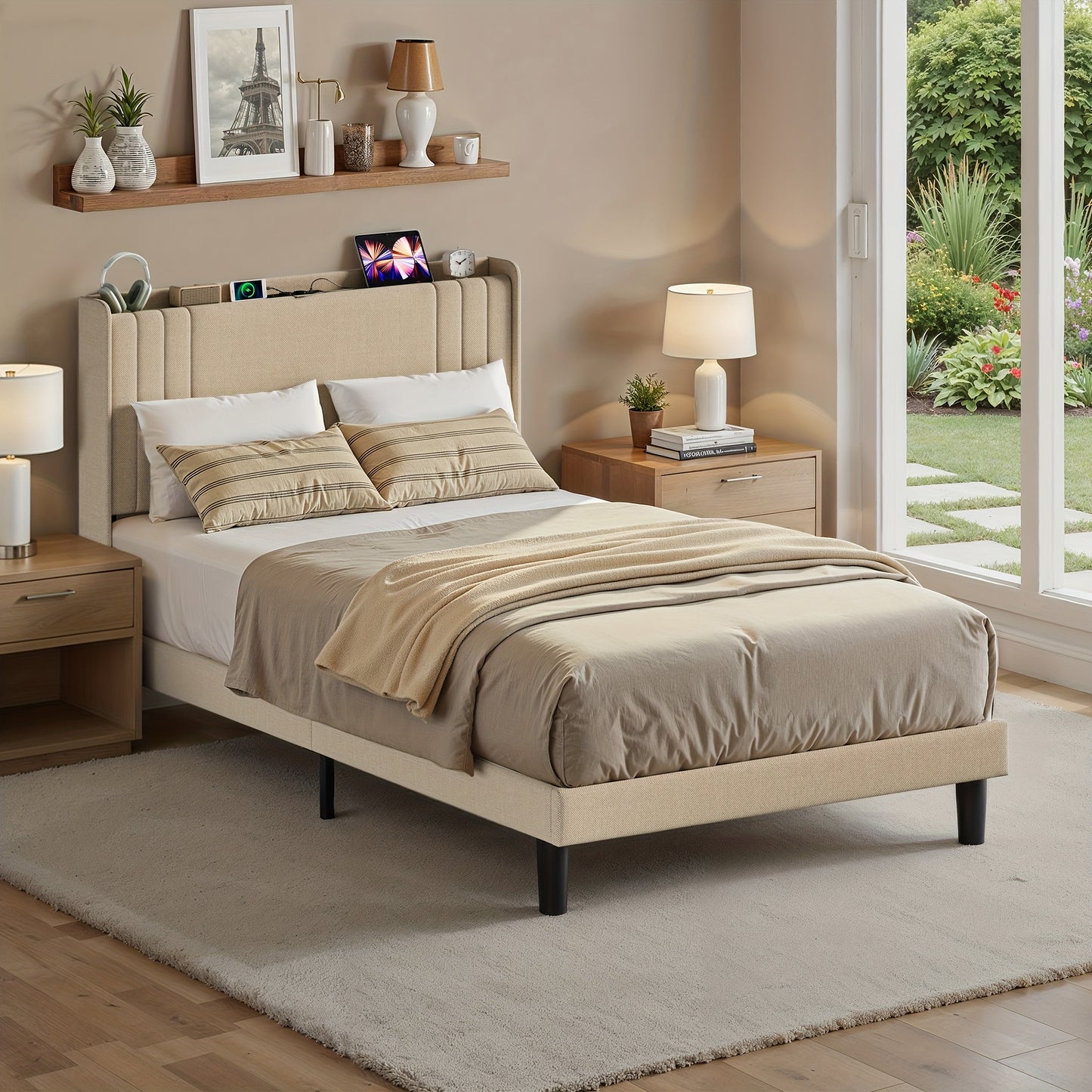 Tweepersoonsbed – Bedframe – Slaapbank – Opbergbed – Hoogslaper – 120x200 cm – Stijlvol Beige – Met Opbergruimte Hoofdbord – Stevig Hout-Metaal Frame