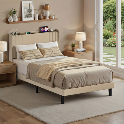 Tweepersoonsbed – Bedframe – Slaapbank – Opbergbed – Hoogslaper – 120x200 cm – Stijlvol Beige – Met Opbergruimte Hoofdbord – Stevig Hout-Metaal Frame