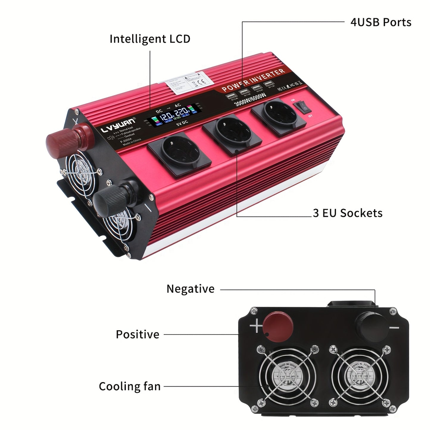 3000W Autospanningsomvormer – Stroomomzetter – DC-AC Converter – Inverter – Power Converter – Hoog vermogen 3000W continu / 6000W piek – Inclusief 3.1A USB Lader