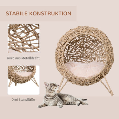 Cat Bed | Wicker Cat House with Pad | Cat Sleeping Bed | Cat Bed with Legs | Natural Colour 52 x 58cm, Pet Bed, Cozy Pet Nest, Modern Pet Furniture, Stylish Pet Accessory, Sturdy Pet Bed, Raised Cat Perch, Small Pets, Cat Own