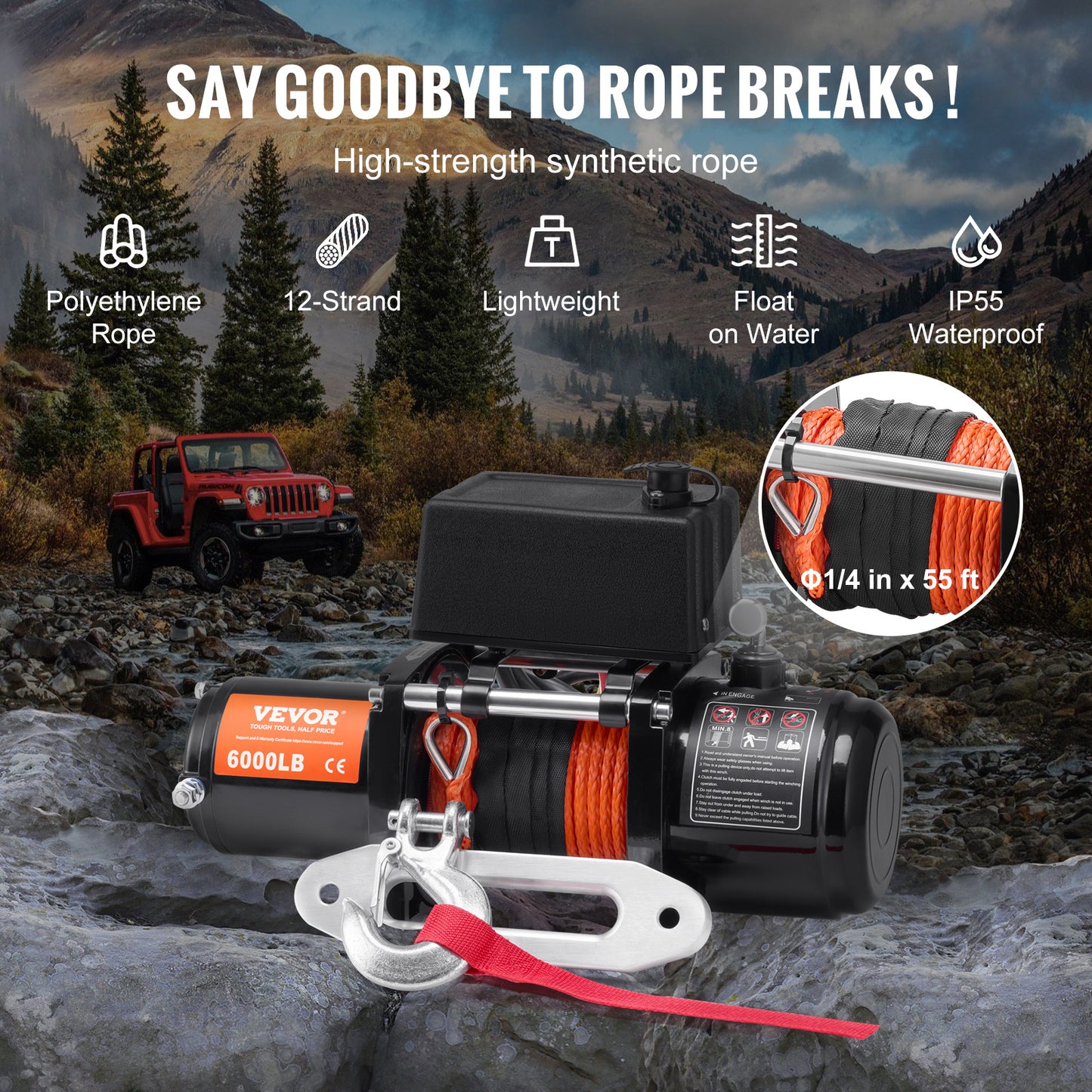 Elektrische Lier – Winch – Takel – Kabellier – Draadloze Afstandsbediening – 2721,6 kg Trekkracht – Waterdicht IP55 Synthetisch Touw