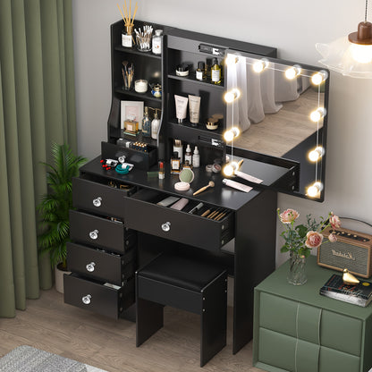 Make-up Tafel – Kaptafel – Schminktafel – Make-up Bureau – Make-up Organizer – Zwart – 6 Lades & Opbergruimte – Instelbare LED Verlichting met 3 Lichtkleuren