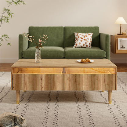 Modern Coffee Table with Wavy Drawer Top & Golden Wood-Legged Design - 2-Drawer Storage, Sturdy Metal Frame, Easy Assembly, No Power Needed for Living Room, Bedroom, Office - Contemporary Style, Coffee Table for Living Room,