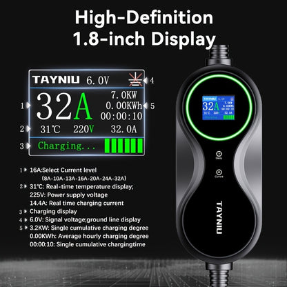 Elektrische Auto Laadpaal – Laadstation – Wallbox – EV Lader – Thuislader – 7 kW 32A – LCD Display – Programmeerbare Timer – 5 Meter Kabel – Draagbaar