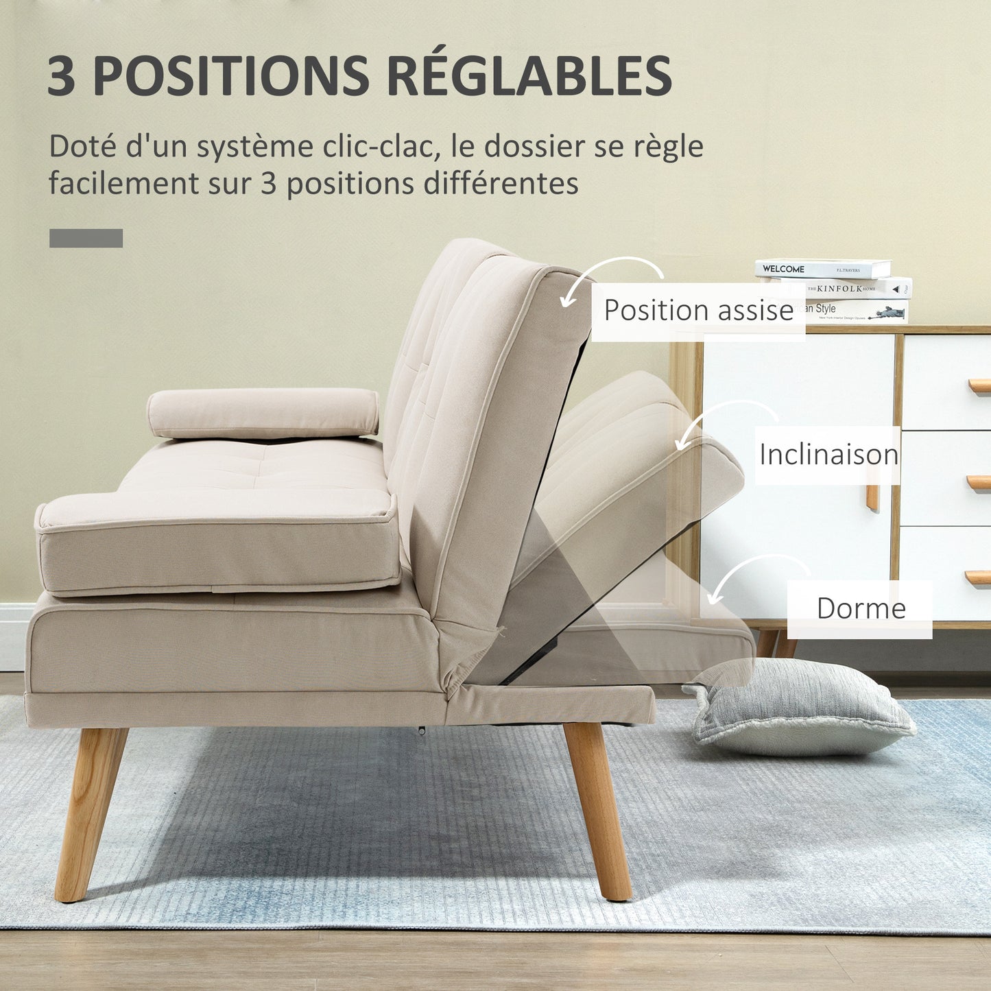 3-zits Slaapbank – Bedbank – Sleeper Sofa – Slaapbankje – Slaapzetel – Scandinavisch Design – Verstelbare Rugleuning in 3 Standen – Stevig Massief Populierenhout – Beige Linnen Bekleding