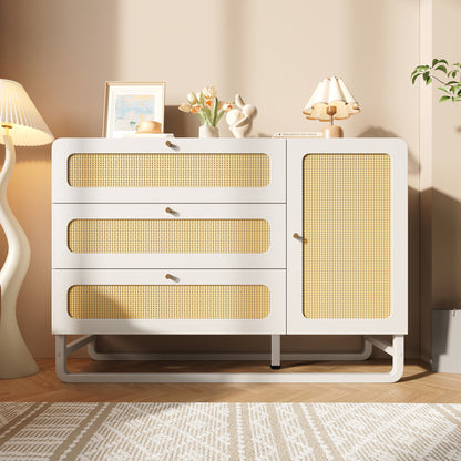 Dressoir – Sideboard – Opbergkast – Ladekast – Buffetkast – Modern Design – Vlechtwerk Met Gouden Accenten – 3 Lades & Deur – Verstelbare Planken – Anti-Kantelbeveiliging – Ruimtebesparend 120x85x40 cm