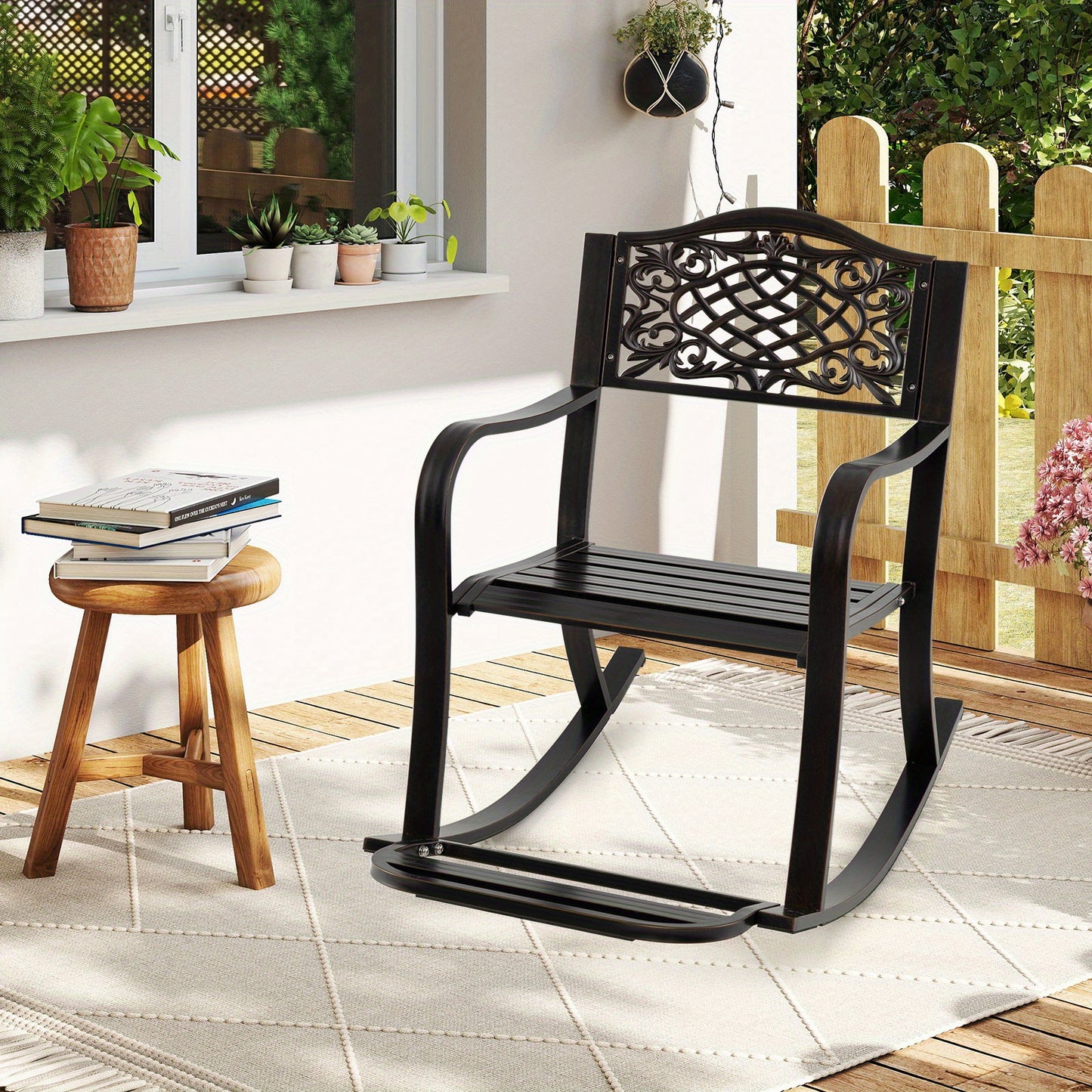 Schommelstoel – Relaxstoel – Fauteuil – Tuinstoel – Loungestoel – Gepoedercoat Aluminium – Antislip Voetjes – Voetensteun – Bloemmotief – Zithoogte 42 cm – Max. 150 kg draagkracht
