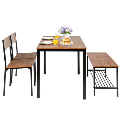 Eettafel Set 4-delig – Keukentafel – Stoelenset – Eetkamertafel – Industrieel Tafeldesign – Metaal Frame – Grote Bank Met Opbergruimte – Bruin