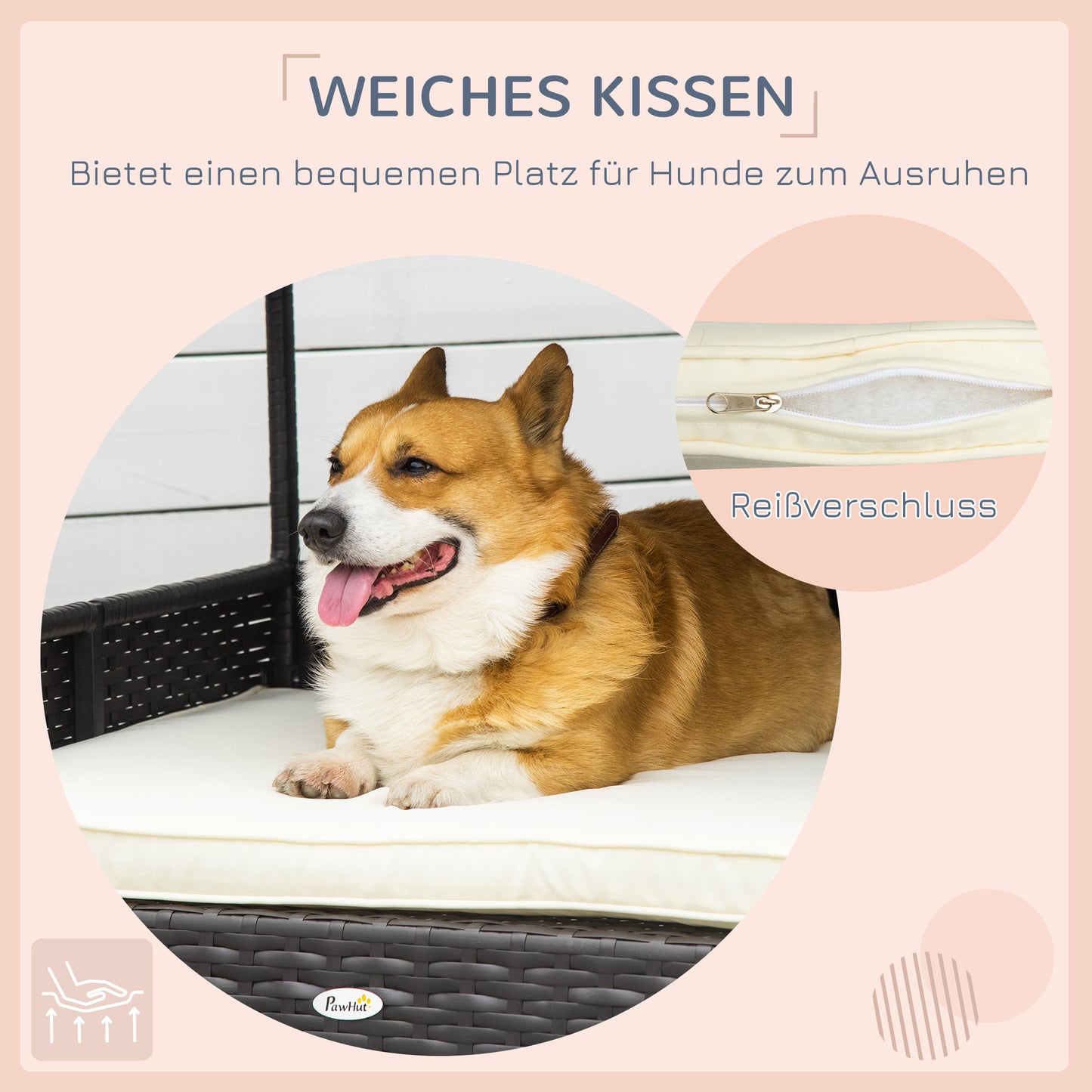 Hondenmand – Hondenkussen – Hondenbed – Donutmand – Ligbed – Weerbestendig PE-Rattan – Verhoogd Met Dak – Koffiebruin – 69x98x70 cm