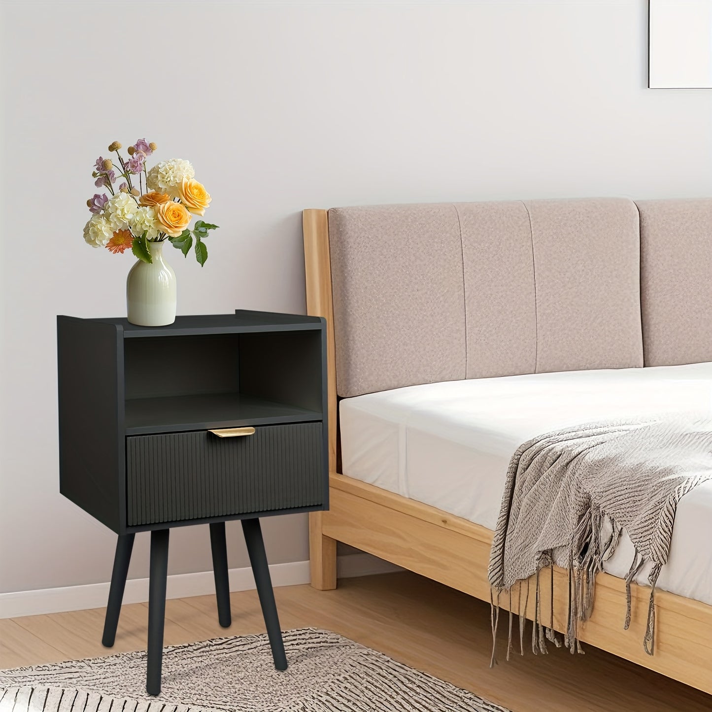 1pc Nightstand With Drawer & Open Shelf, Boho Bedside Table, Multi-Functional End Table, Mit Wooden Leg, For Bedroom & Living Room, Accent Table With Storage 42x30x65cm Black