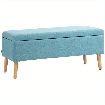 Opbergbank – Zitbank – Opbergkist – Poef – Bankje – Bekleed met Linnen Look – Afmetingen 110 x 39 x 45 cm – Rubberhout Frame – Blauw