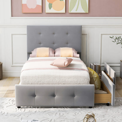 Eenpersoonsbed – Eenpersoonsbedden – Kinderbed – Opbergbed – Logeerbed – Verstelbaar Hoofdsteun – 2 Opberglades – Licht Beige Velours – Lattenbodem – Geen Montage