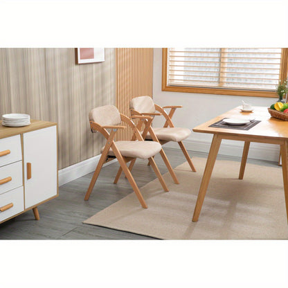 Inklapbare Stoelen – Vouwstoelen – Opvouwbare Stoelen – Stapelstoelen – Eetkamerstoelen – Houten Frame – Beige Stoffen Zitting – Met Armleuningen – Set Van 2