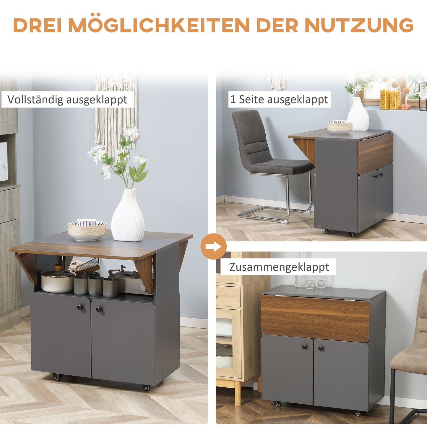 Klaptafel – Vouwtafel – Campingtafel – Opbergtafel – Tuintafel – Inklapbaar Met Opbergruimte – 4 Wieltjes – 70x83x75 cm – Lichtgrijs Donkerbruin