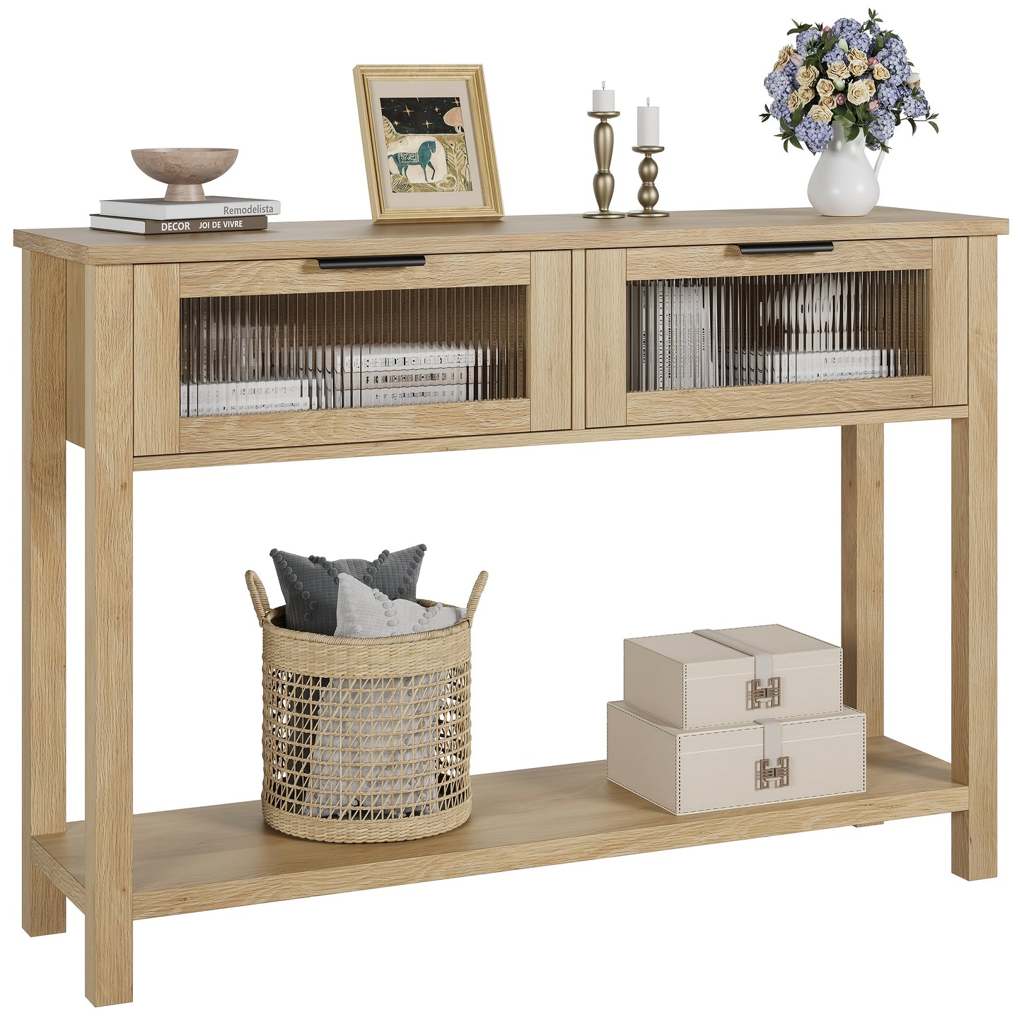 109.22cm Modern Narrow Console Table with Glass Doors & 2-Tier Storage - Space-Saving Hardwood MDF Construction, Wood Finish Entryway Sofa Table with Lower Shelf & Upper Display Area for Living Room, Hallway, Bedroom - Easy A