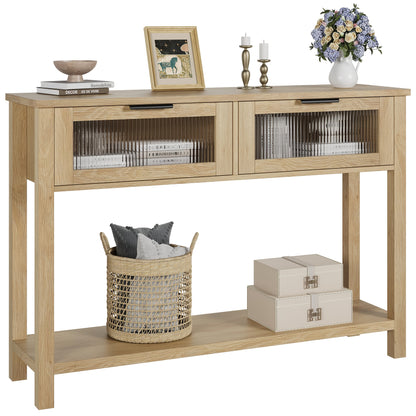 109.22cm Modern Narrow Console Table with Glass Doors & 2-Tier Storage - Space-Saving Hardwood MDF Construction, Wood Finish Entryway Sofa Table with Lower Shelf & Upper Display Area for Living Room, Hallway, Bedroom - Easy A