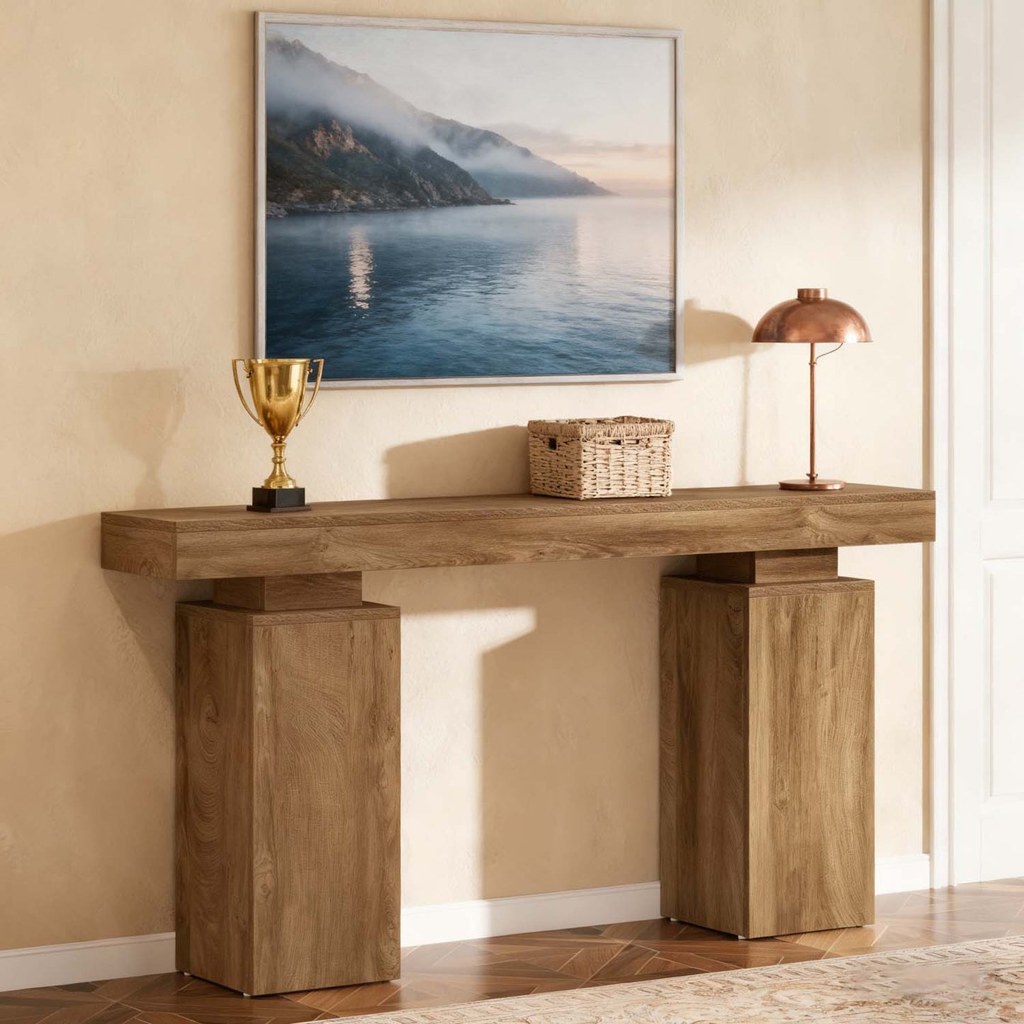 1pc 63-Inch Long Console Table | Farmhouse Wooden Entryway Table Behind Couch for Hallway or Living Room, Contemporary Style, Mixed Color, Engineered Wood, BYBLIGHT