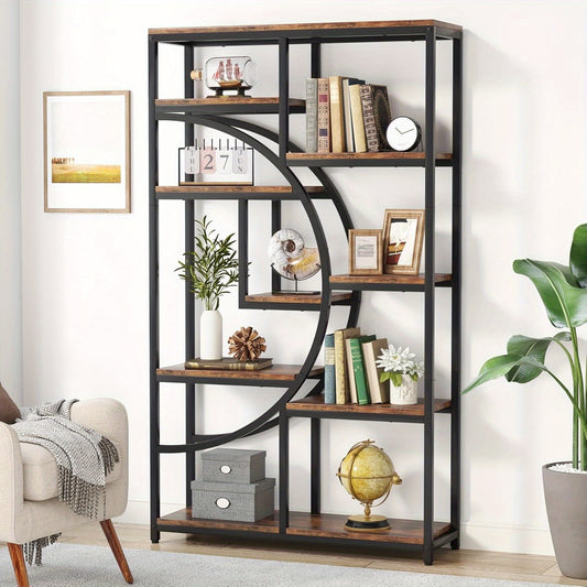 Industriële Boekenkast – Boekenkast – Open Kast – Etagère – Boekplank – 9 Open Planken – MDF Hout Met Zwart Metaal – Halfrond Ontwerp – 27 kg Draagkracht Per Plank