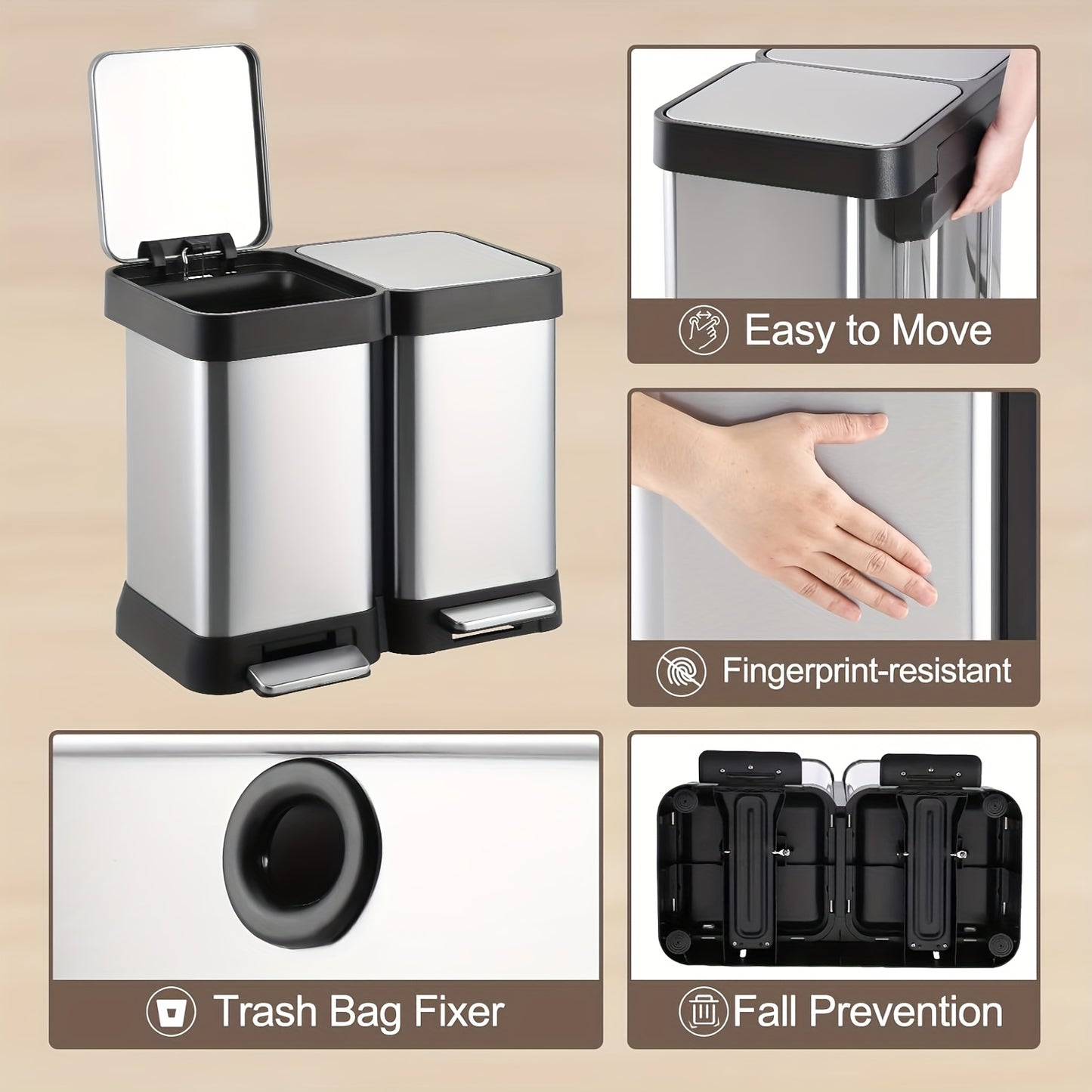 Afvalbak – Prullenbak – Vuilnisbak – Recyclingbak – Afvalemmer – 40L Dual Compartiment – Roestvrijstaal Vingerafdrukbestendig – Handsfree Voetpedaal