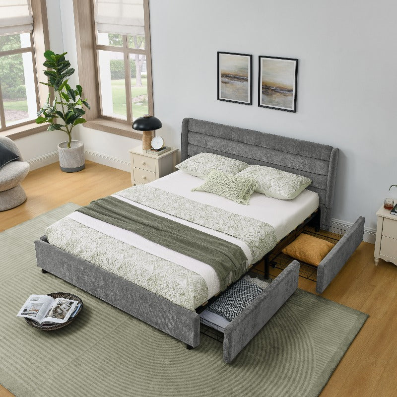 Ledikant – Bedframe – Slaapbank – Bedbank – Stalen Bed – 140x200 cm – Donkergrijs Chenille – 4 Grote Opbergladen – Eenvoudige Montage