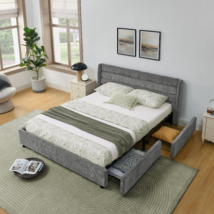 Ledikant – Bedframe – Slaapbank – Bedbank – Stalen Bed – 140x200 cm – Donkergrijs Chenille – 4 Grote Opbergladen – Eenvoudige Montage