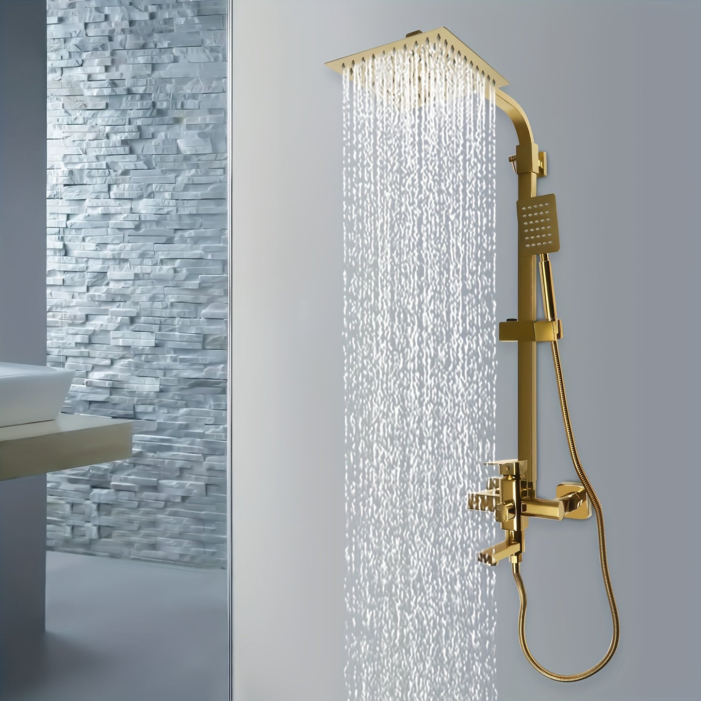 Doucheset – Douche Set – Complete Douche Set – Regendouche Set – Handdouche Set – Luxe Gouden Messing – 20x20 cm Regenval Topdouche – Verstelbare Hoogte 85-124 cm