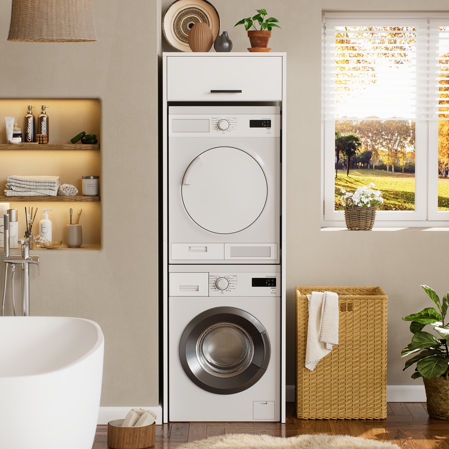 Wasmachinekast – Wasdrogerkast – Opbergkast – Stapelbare Kast – Wasruimte Organizer – Ruimtebesparend Ontwerp – Robuuste Houten Constructie – 200x65x65 cm – Vrijstaand – Eenvoudige Montage