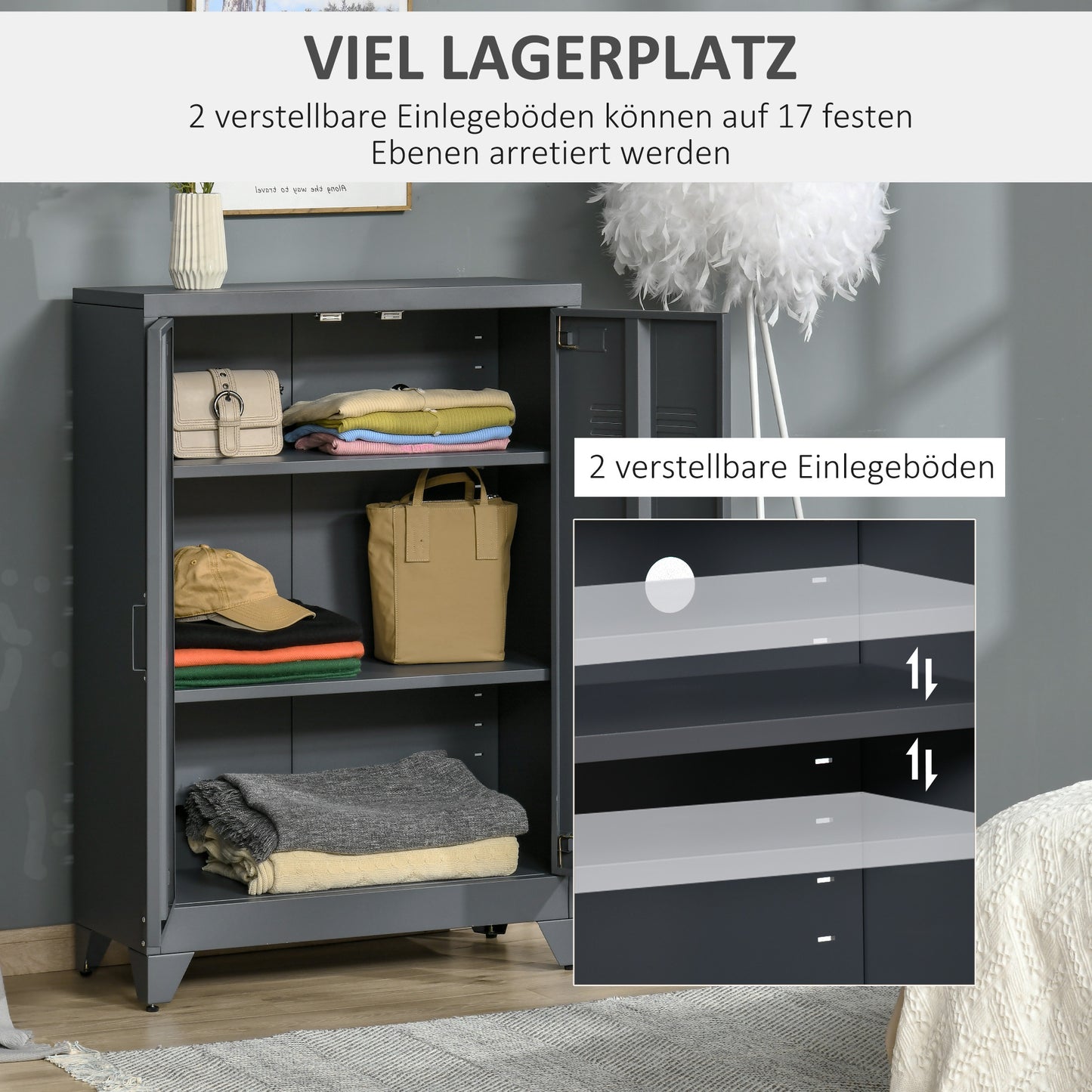 Opbergkast – Metaalkast – Archiefkast – Kast Met Lamellen Deuren – Grijze Opbergkast – Stevig Metalen Materiaal – 2 Verstelbare Planken 75x33x110 cm