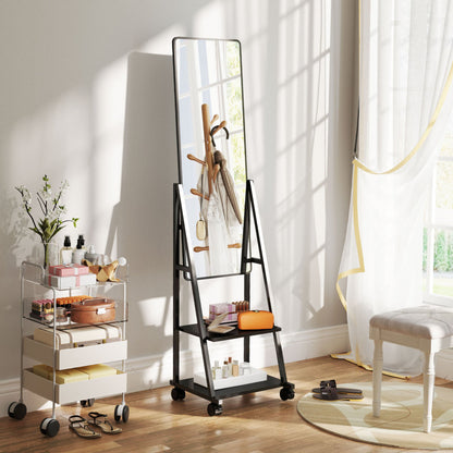 Staande Volle Lengte Spiegel – Vloerspiegel – Dressoirspiegel – Kleedkamer Spiegel – Retro Zwarte Spiegel – Met 2 Opbergrekken – 4 Wielen Met Remmen – 42x155 cm – Stabiel En Verplaatsbaar