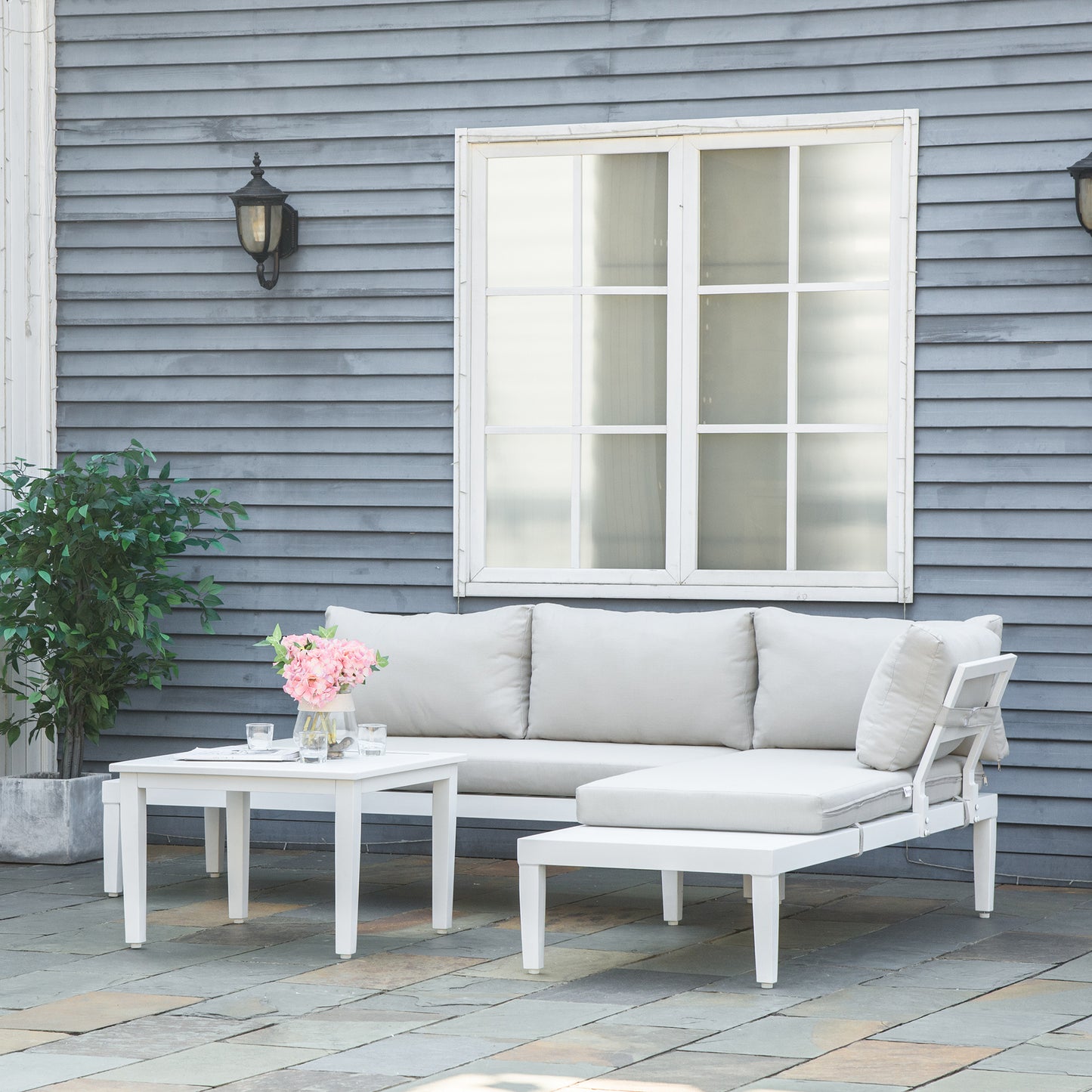 3-delige Loungeset – Tuinmeubelset – Balkonset – L-vormige Bank – Loungesofa – Lichtgewicht Aluminium – Weerbestendig & Comfortabel Kussen – Creme Wit