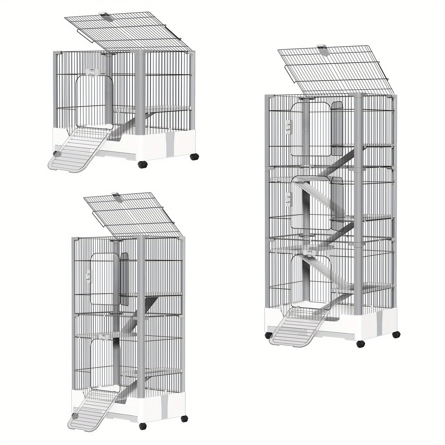 3-Tier Mobile Rabbit Hutch with Removable Ramp & Wheels - Durable Metal & Plastic Pet Cage for Rabbits, Guinea Pigs, Puppies - Spacious Multi-Level Design with Ventilated Mesh, Easy Assembly, White/Grey (73x50x68cm), Rabbit H