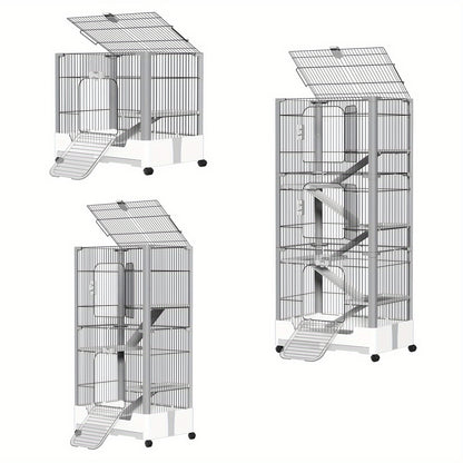 3-Tier Mobile Rabbit Hutch with Removable Ramp & Wheels - Durable Metal & Plastic Pet Cage for Rabbits, Guinea Pigs, Puppies - Spacious Multi-Level Design with Ventilated Mesh, Easy Assembly, White/Grey (73x50x68cm), Rabbit H