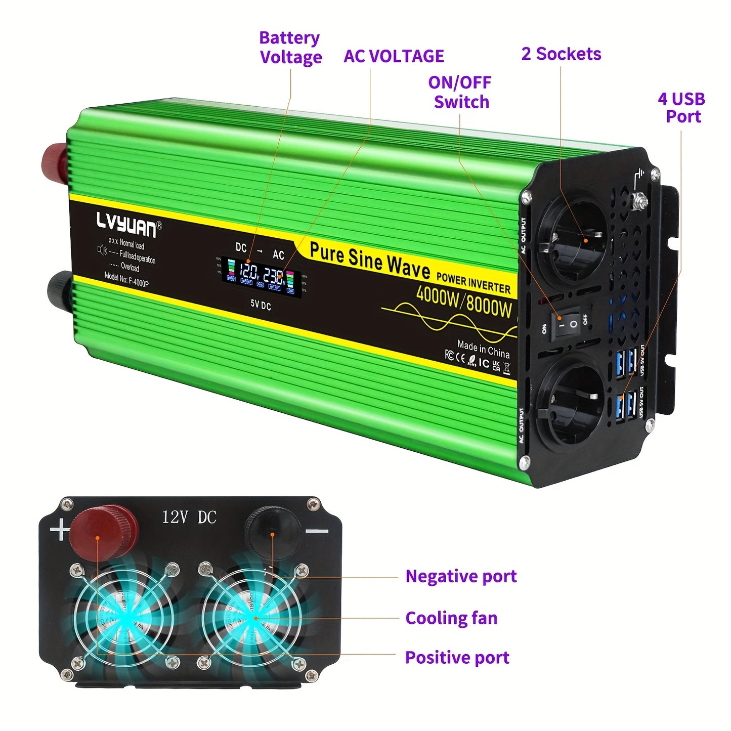 Omvormer 12V – Spanningomvormer – Inverter – DC naar AC Converter – Stroomomzetter – Hoog Vermogen 4000W – Hard-Wired Installatie