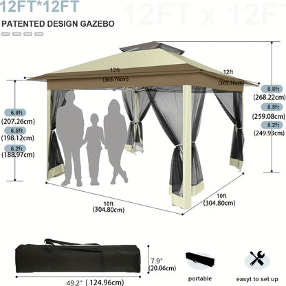 3.6*3.6m Outdoor Gazebo Pop Up Gazebo Canopy With Mosquito Netting Patio Gazebo Canopy Tent Backyard Canopy With 2-Tiered Vented Top 3 Adjustable Height And 144 Square Ft Of Shade